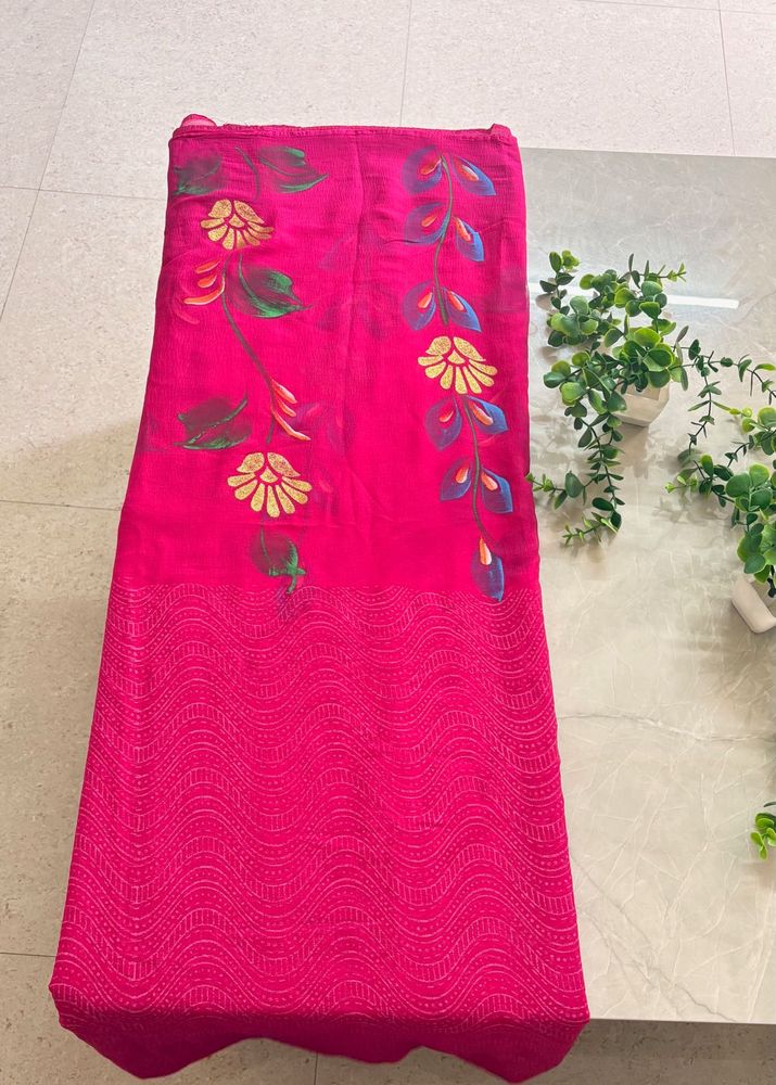 Vibrant Pink Floral Print Saree