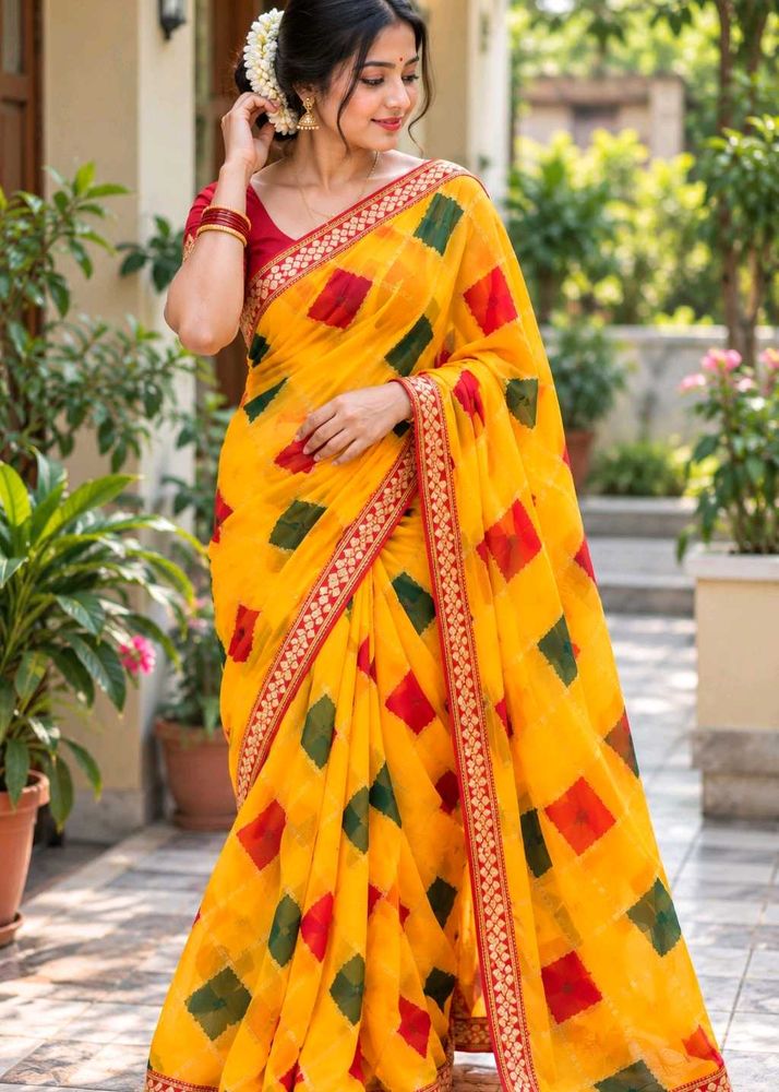 Vibrant Yellow Saree with Red &amp; Green Blocks
