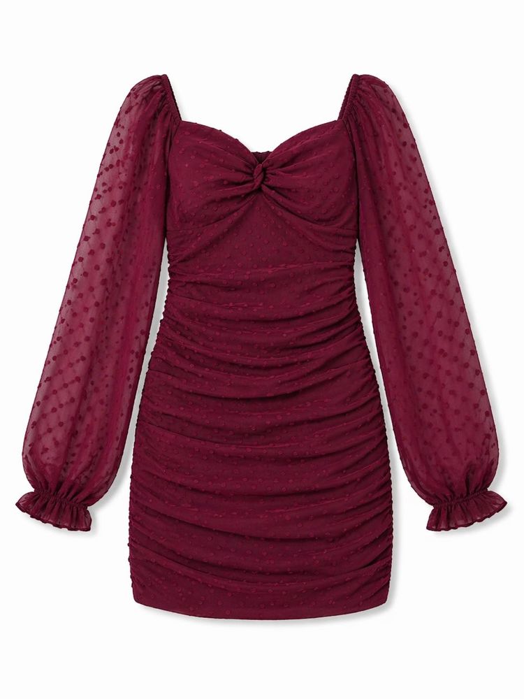 Maroon Ruched Puff Sleeve Dress