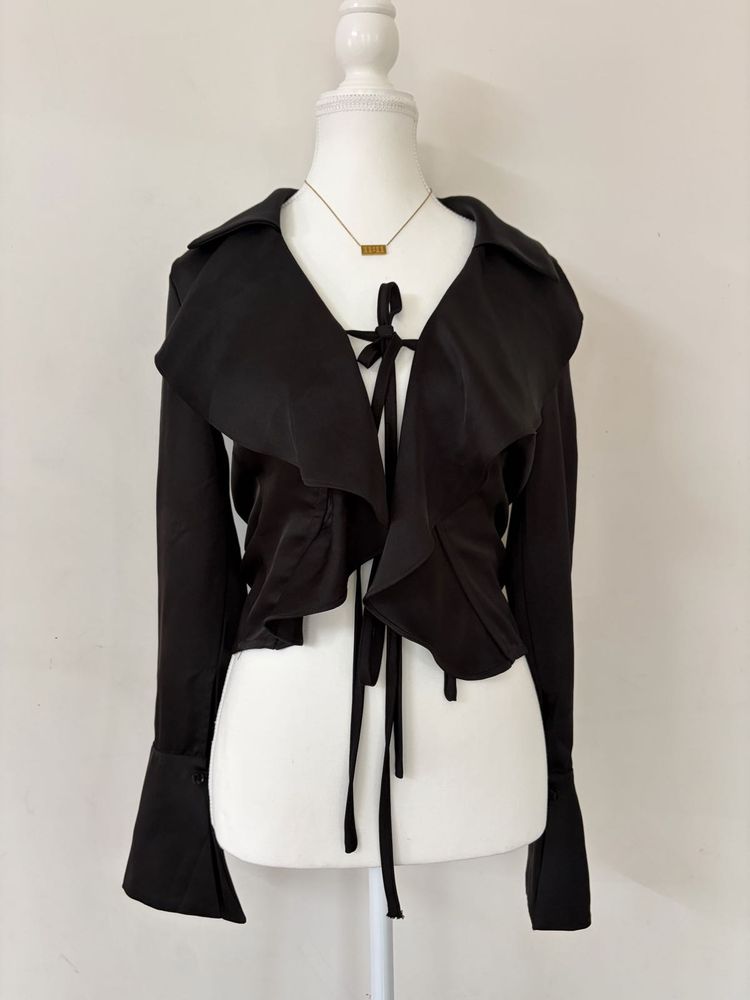 satin Chic Black Tie-Front Blouse✨