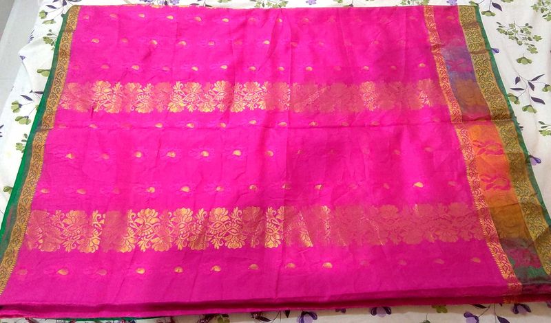 Vibrant Pink Silk Saree with Gold Border