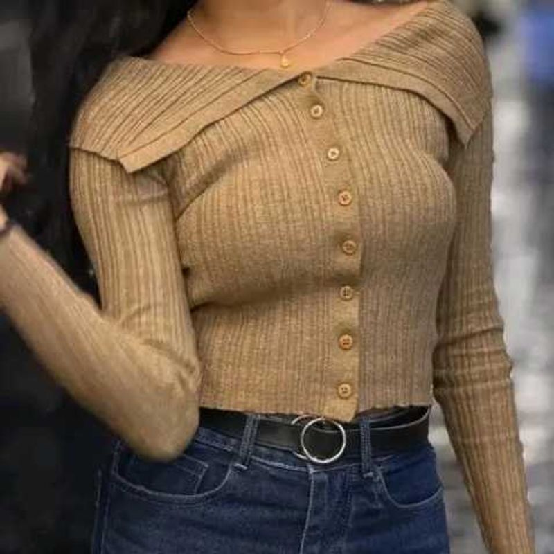 Ribbed Off-Shoulder Button-Up Top