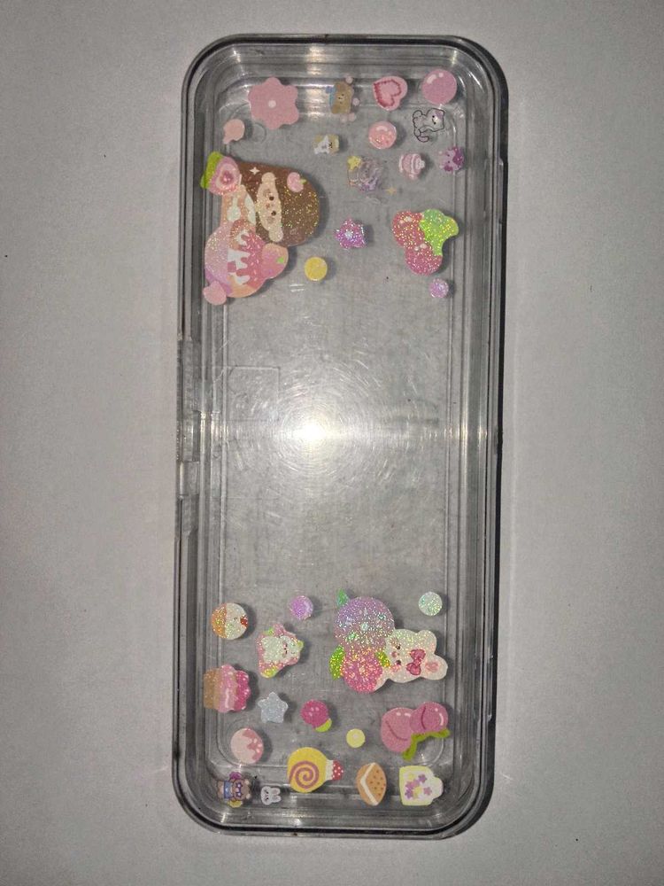 Transparent Pencil case with pink sticker cute dec