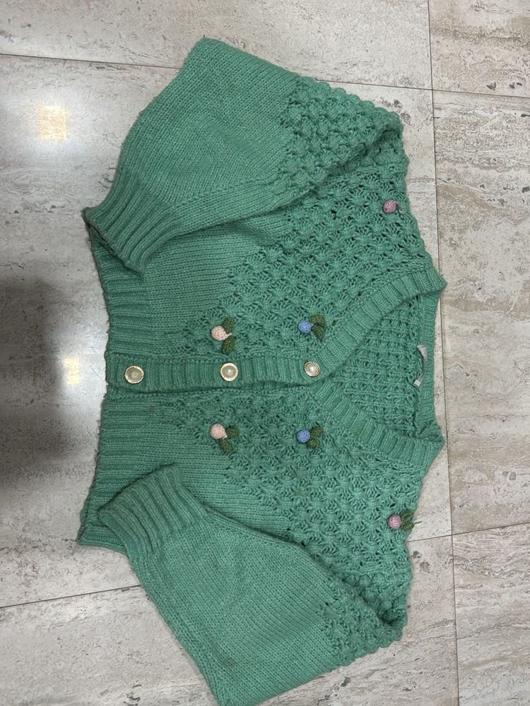 Green Knit Cardigan w/ Floral Details
