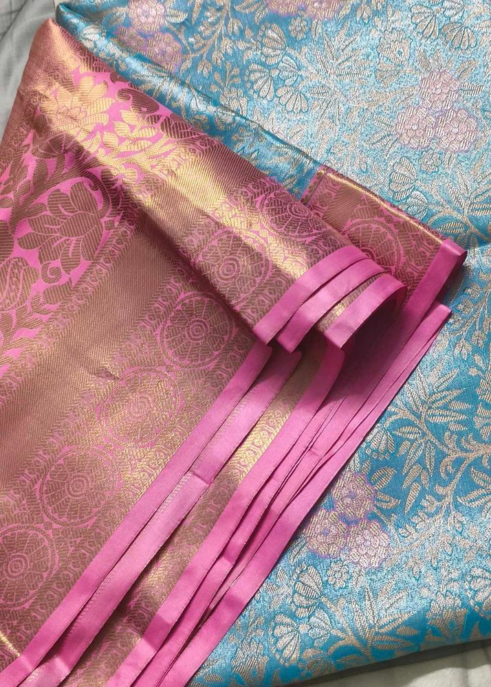 Elegant Teal &amp; Pink Brocade Saree