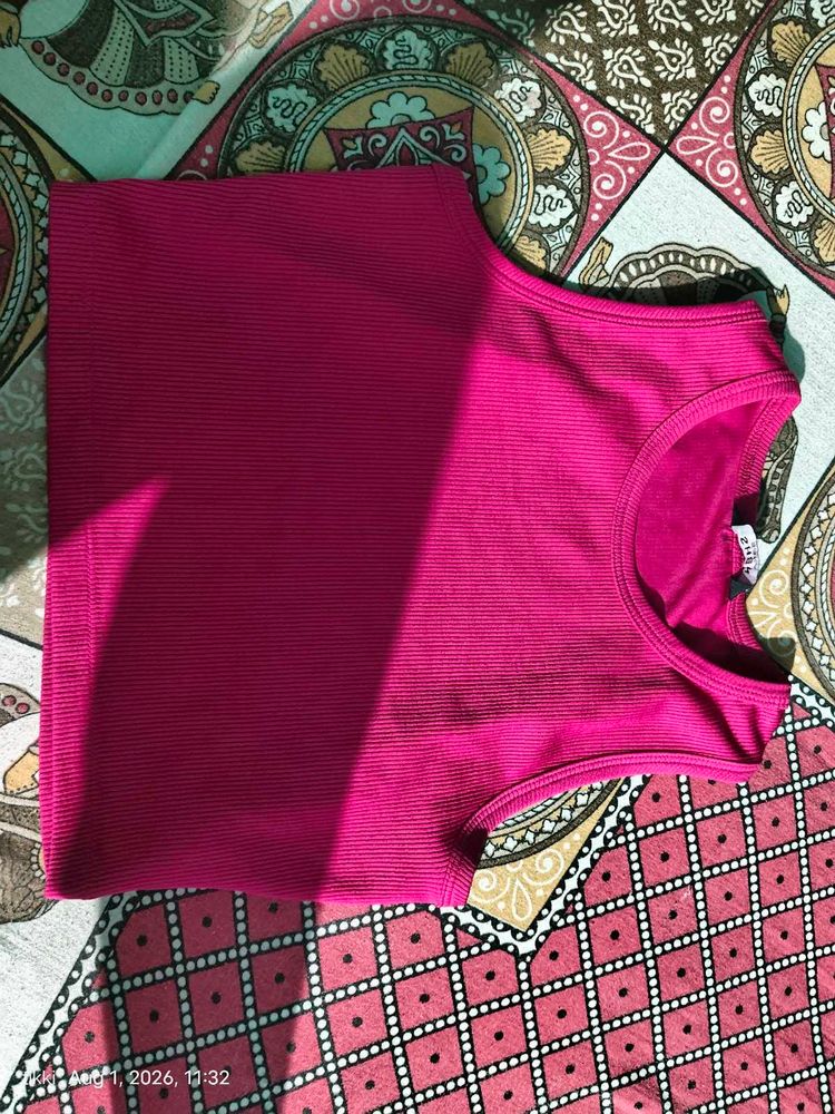 Vibrant Pink Ribbed Tank Top and white outer creat