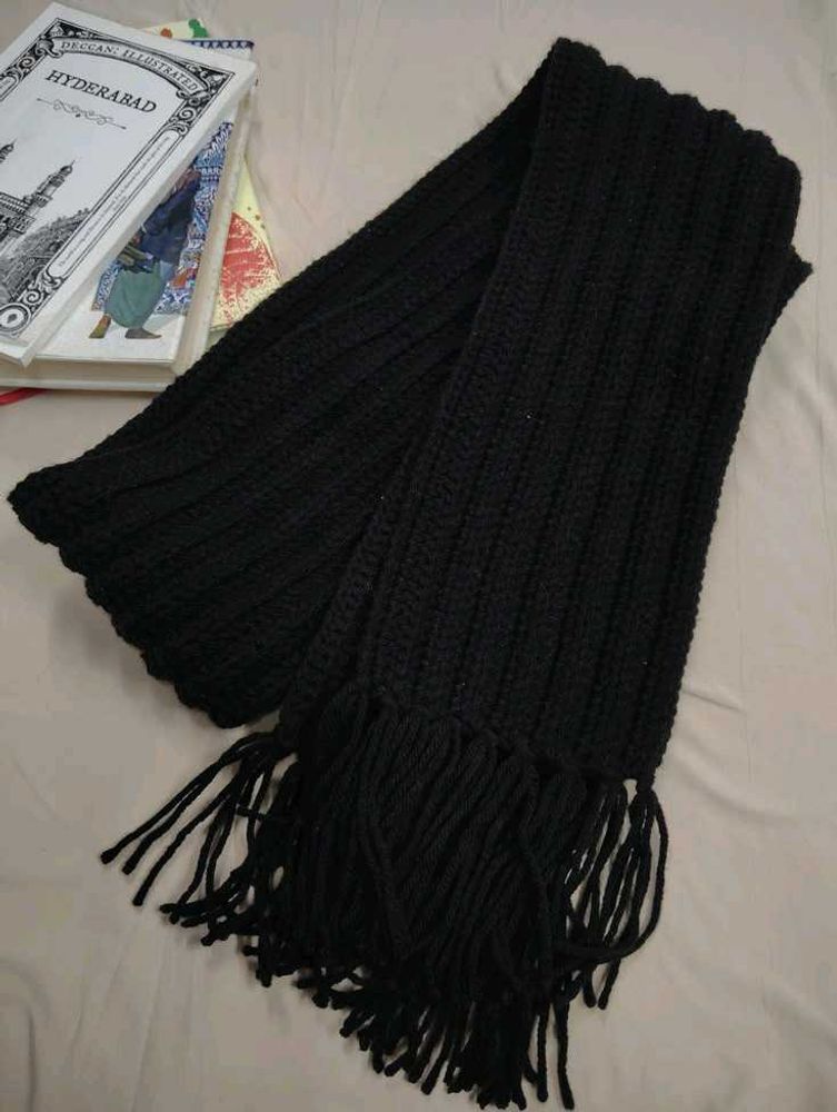 Cozy Black Knit Scarf with Fringe