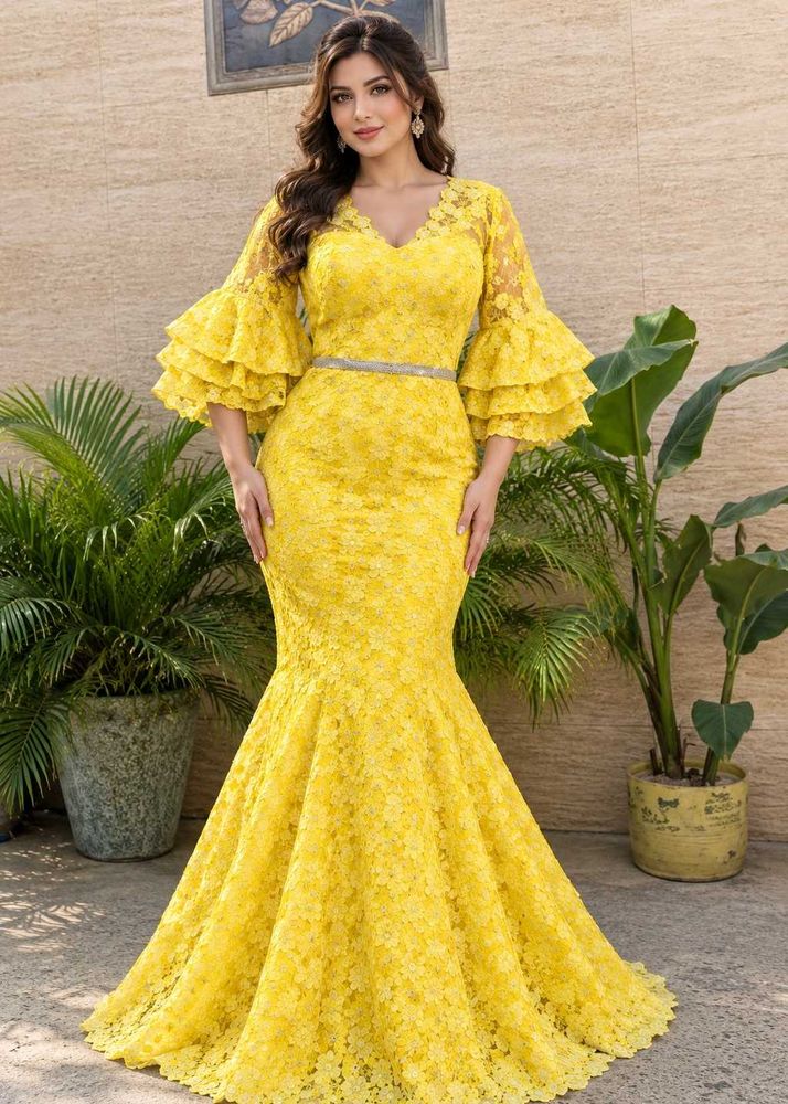 Elegant Yellow Lace Evening Gown