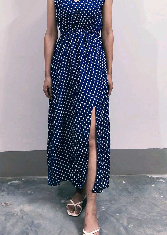 Navy Blue Polka Dot Maxi Dress