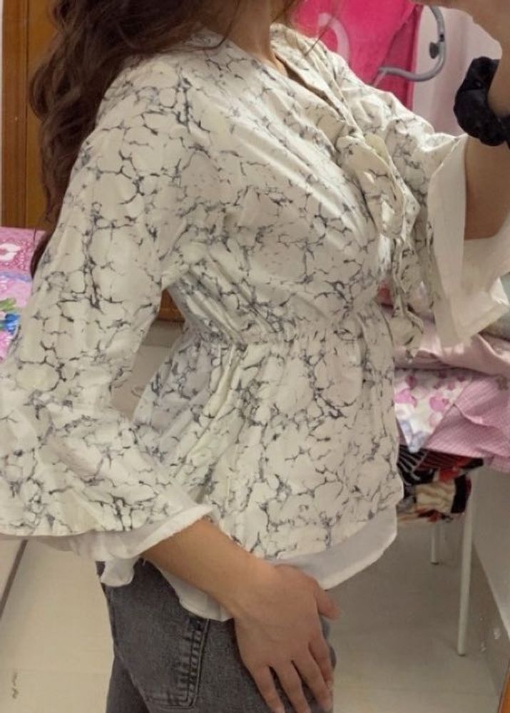 Bell Sleeve Marble Print Top