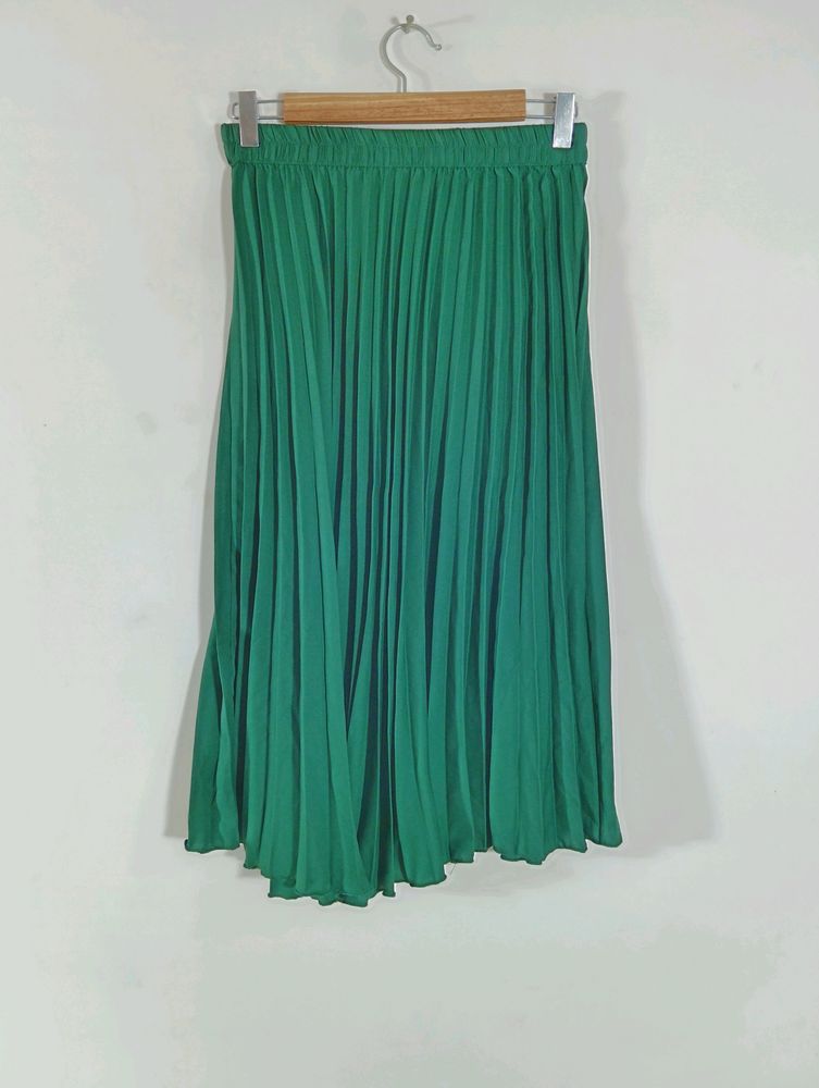 Green Plain Pleated Midi Skirt (Women's)