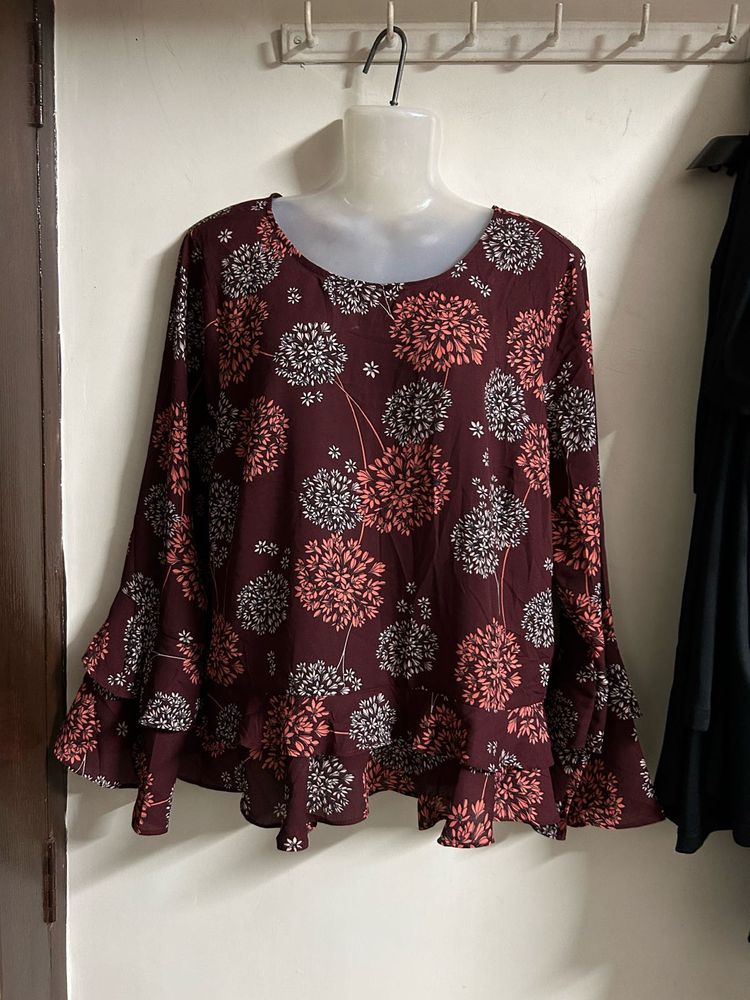 Maroon Floral Print Flared Top