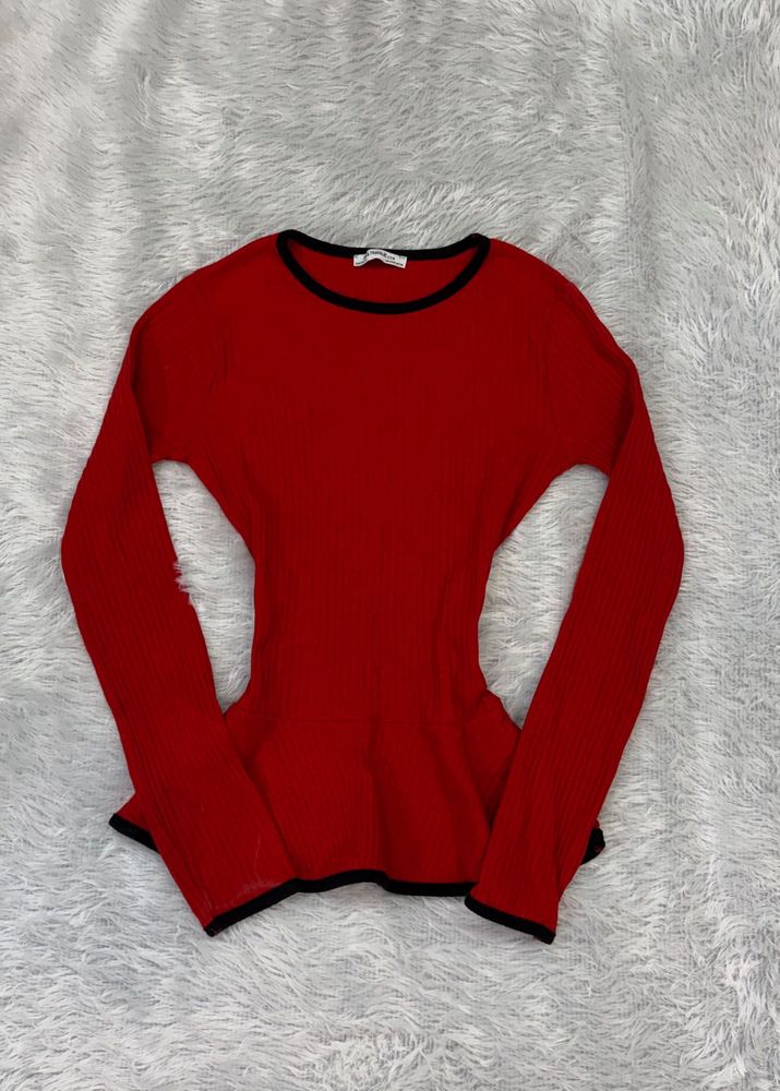 Red Peplum Top with Black Trim