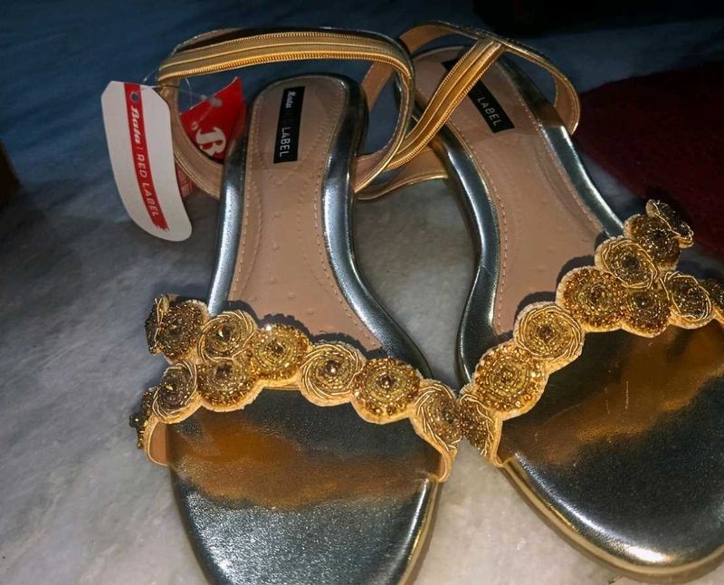Elegant Embellished Gold Flat Sandals
