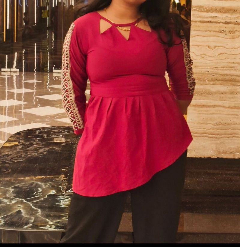 Maroon Kurta with Embroidered Sleeves