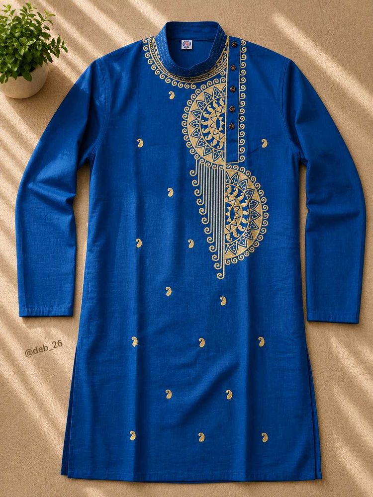 Men's Blue Kurta (Punjabi) with Golden Embroidery