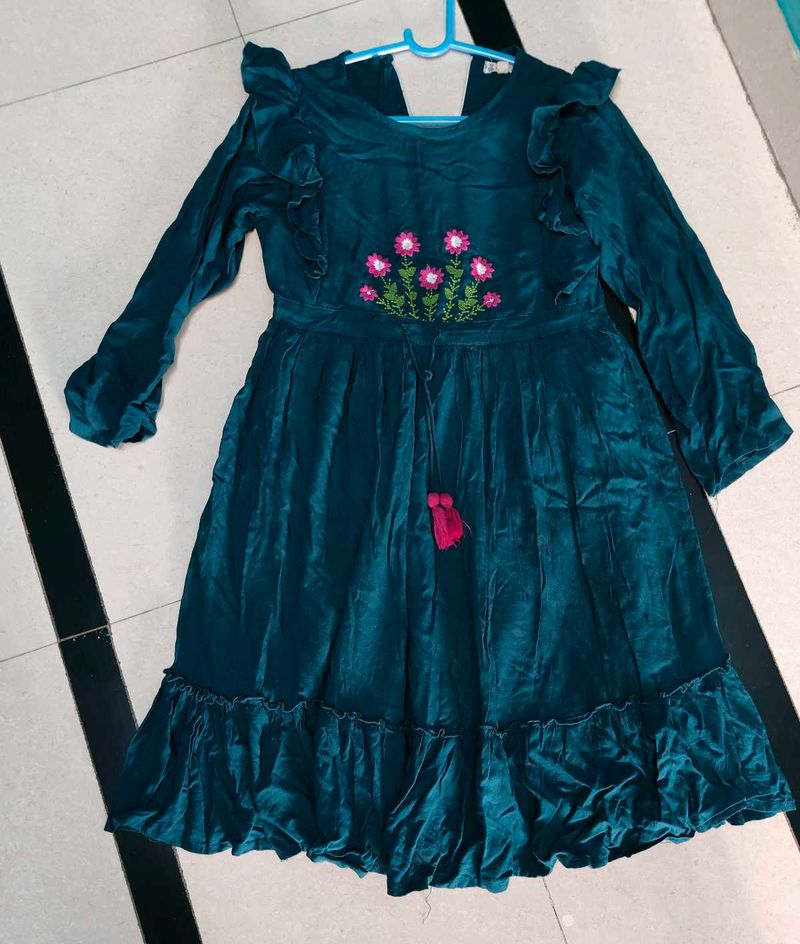 Teal Velvet Dress with Floral Embroidery