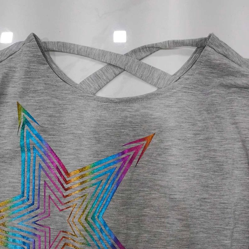Grey Star Print T-Shirt with Criss-Cross Back