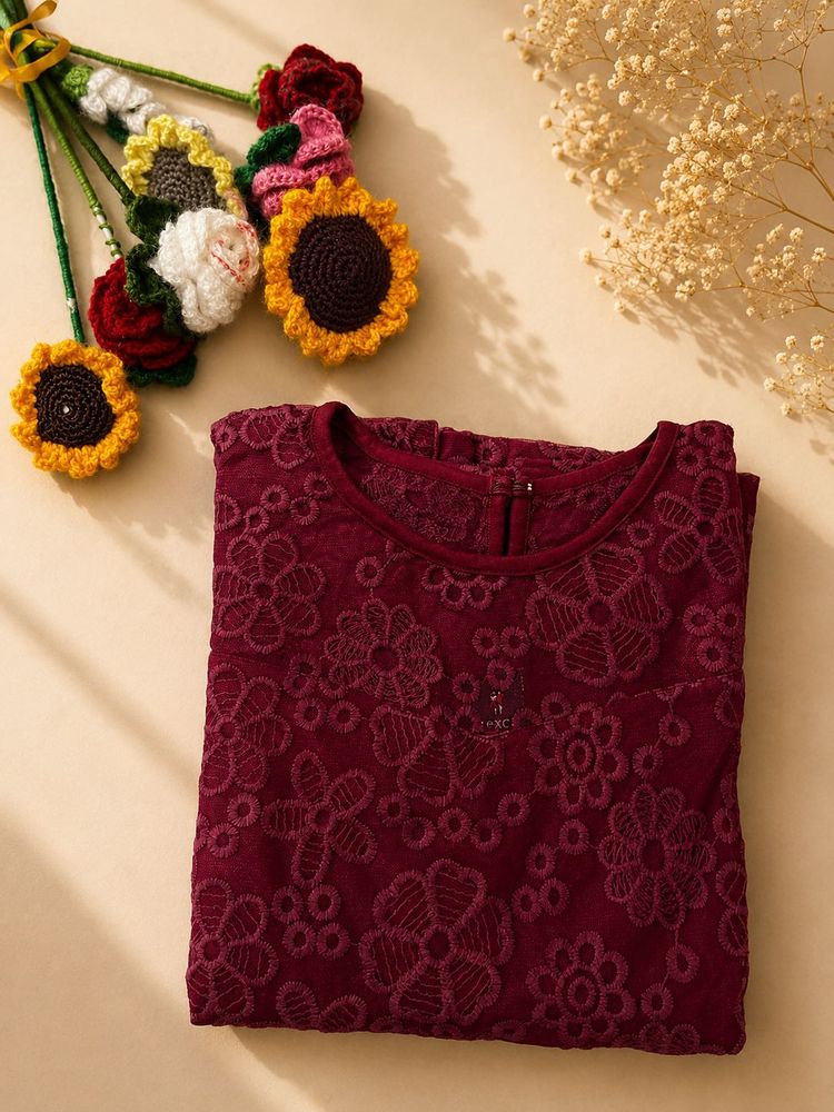 Maroon Embroidered Net Top