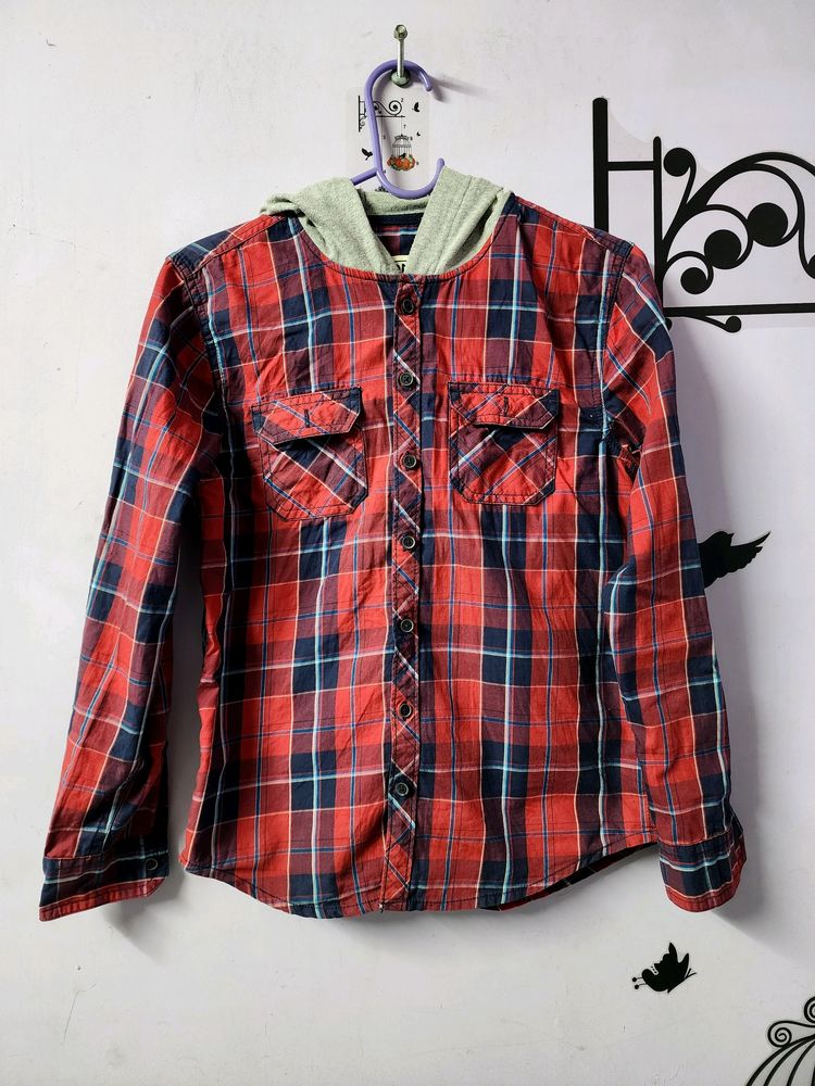 9-10yrs Checked Hooded Shirt