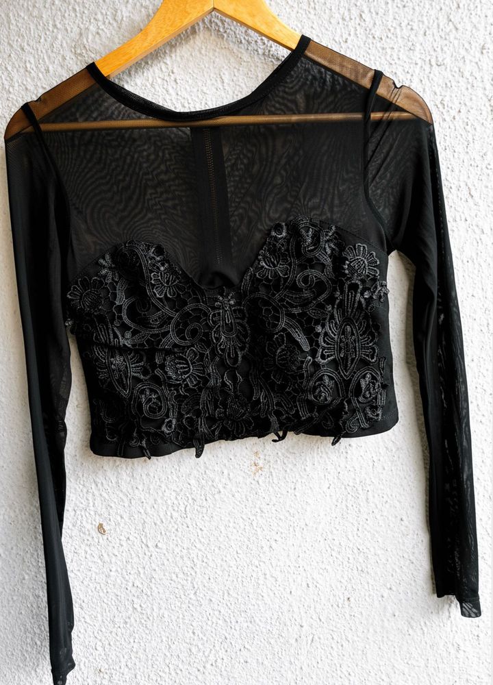 Sheer Lace Long Sleeve Crop Top
