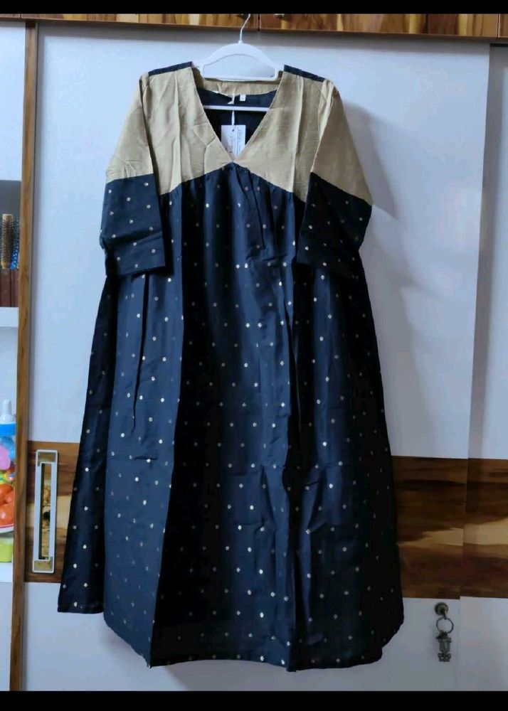 Navy Blue Kurta Set with Gold Dots