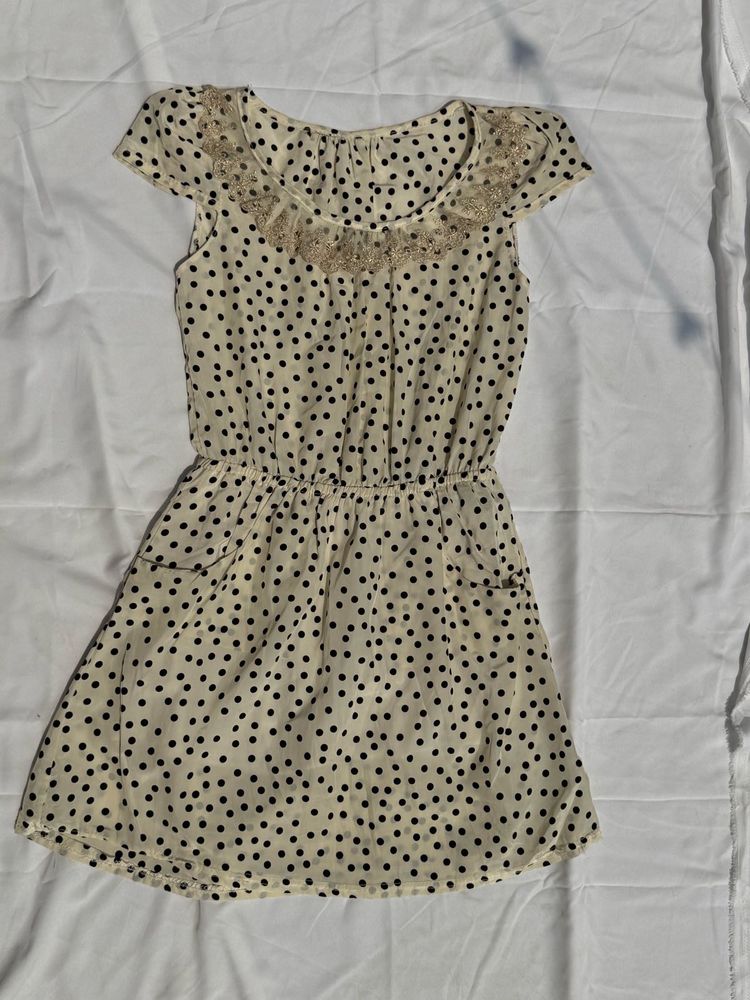 Polka Dot Dress with Lace Neckline