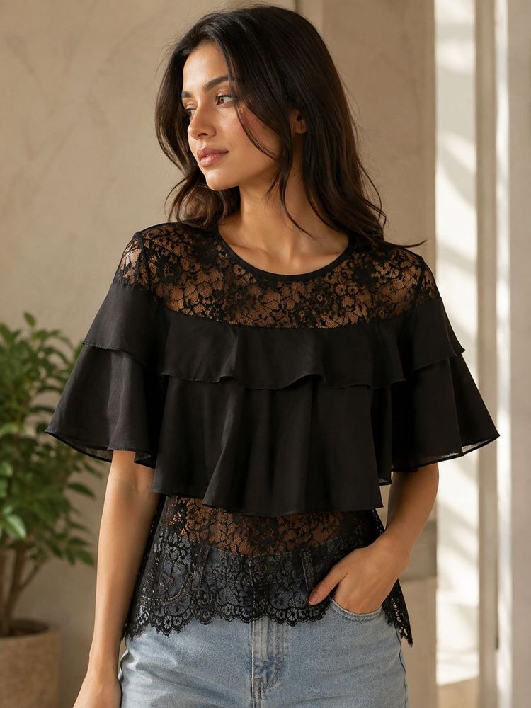Chic Black Lace Ruffle Top