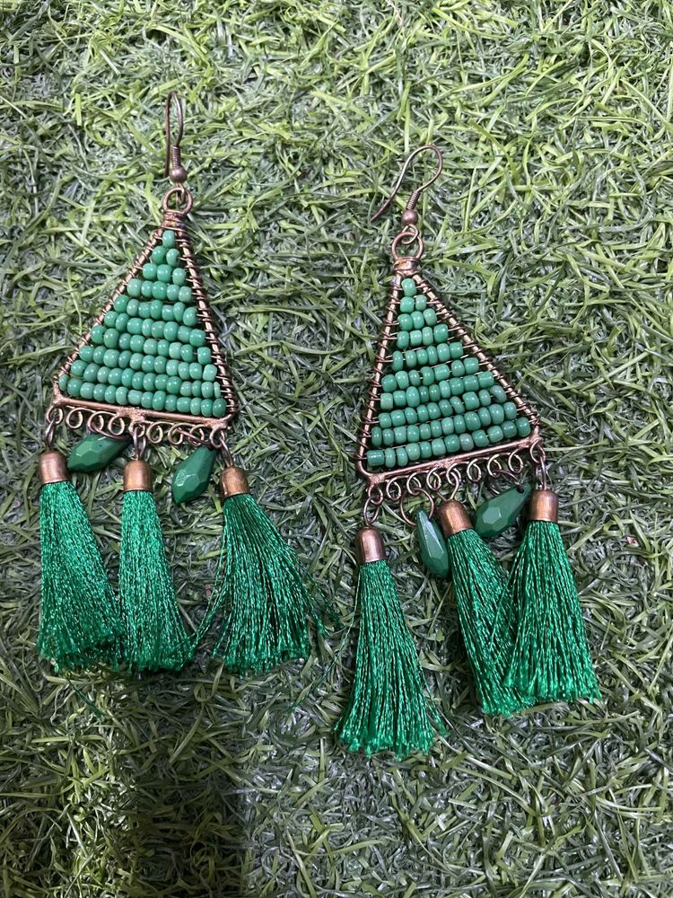 Boho Green Beaded Tassel Earrings