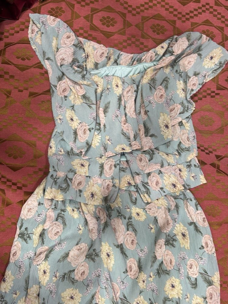 Light Blue Floral Ruffle Dress