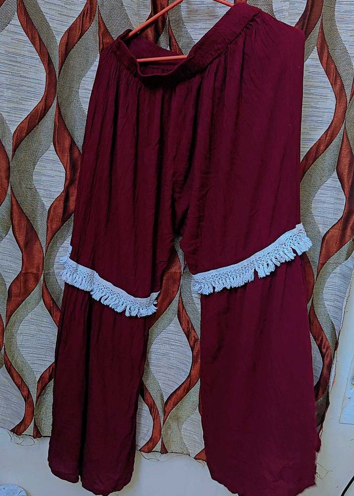 Maroon Palazzo Pants with White Fringe