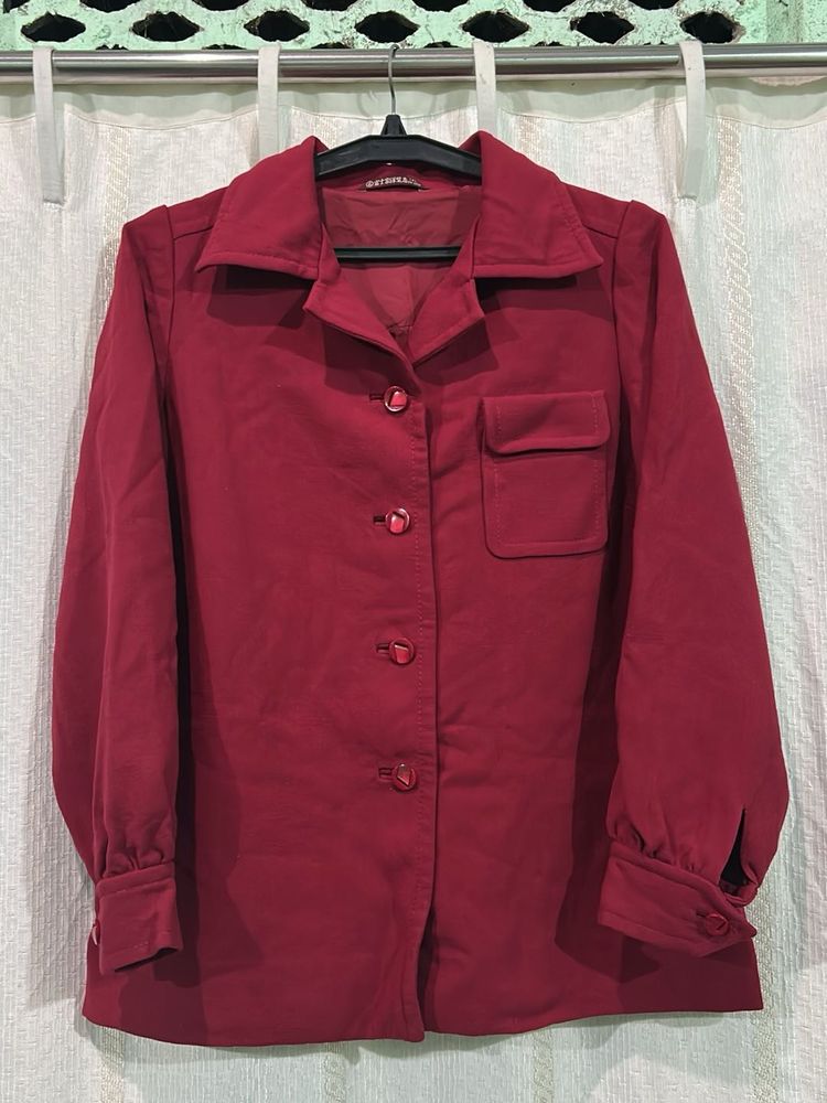 Stylish Red Collared Button-Up Top