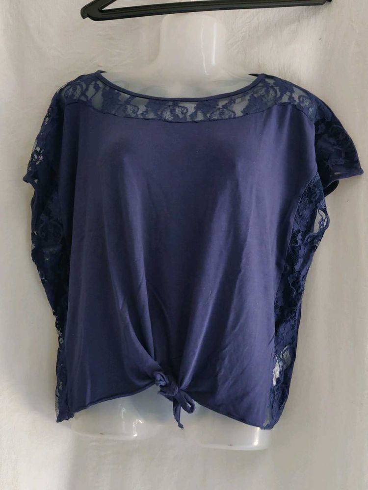Navy Blue Lace Trim Tie-Front Top