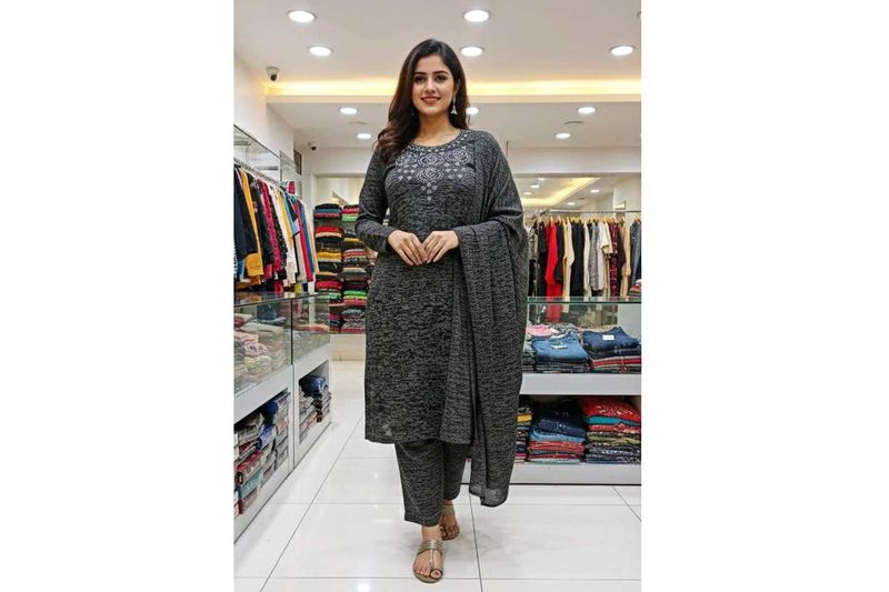 Woolen Elegant Grey Kurta Set with Dupatta