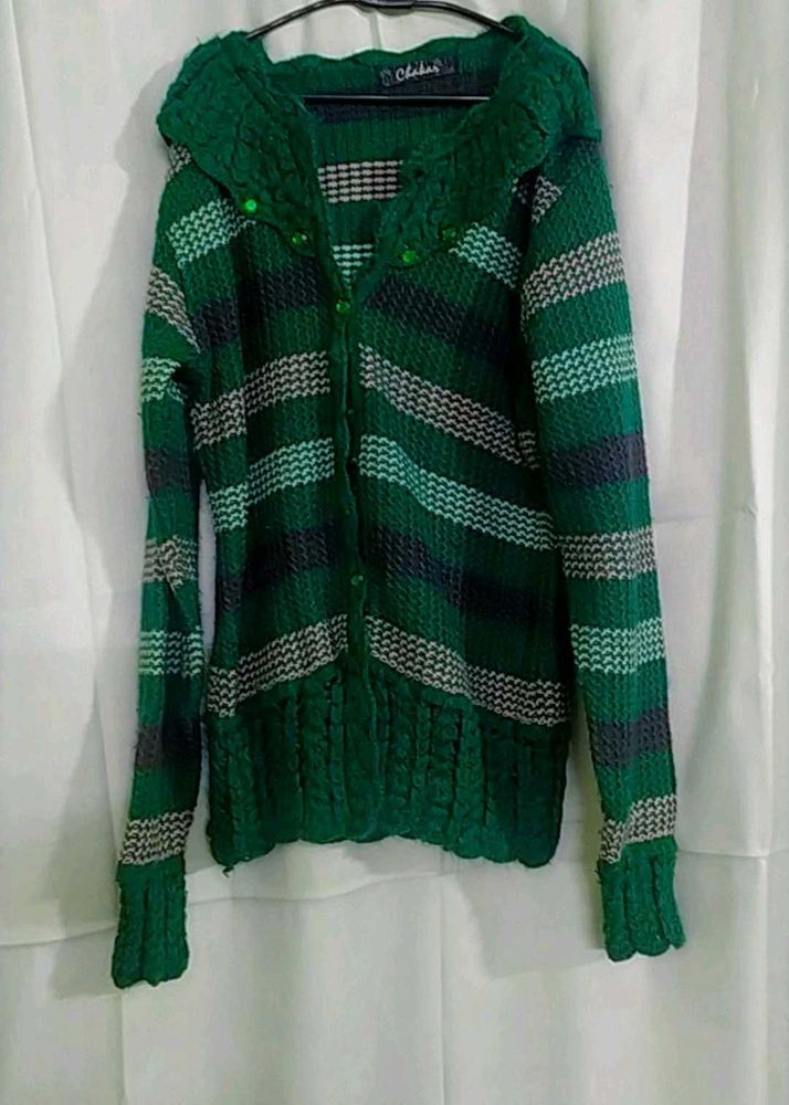 Green Striped Knit Cardigan