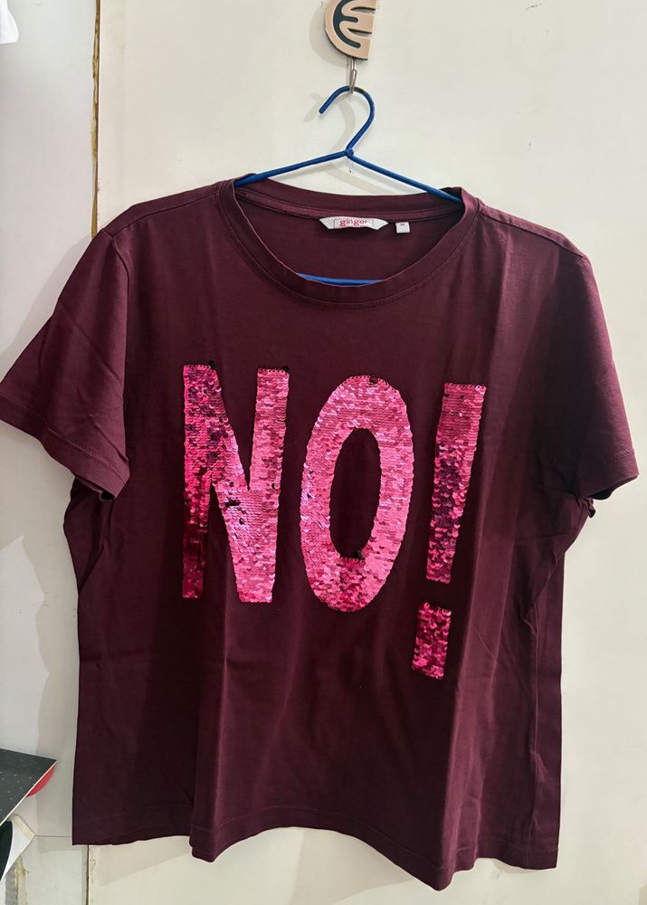 Maroon Sequin "NO!" T-Shirt
