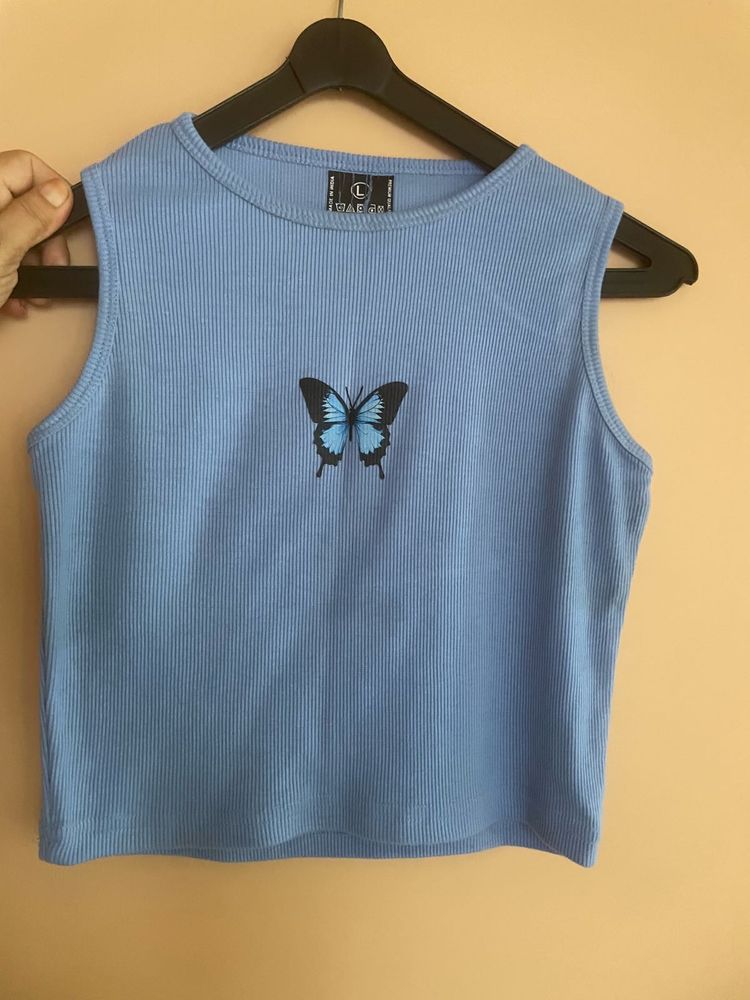 Blue Ribbed Butterfly Crop Top