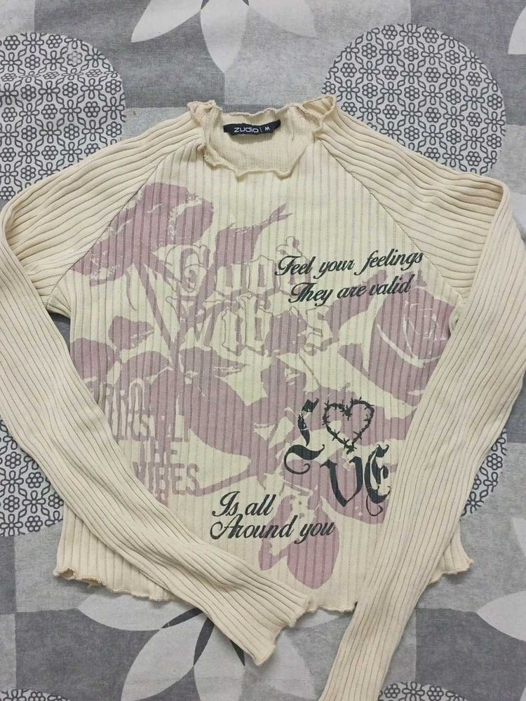 Cream Ribbed Long Sleeve Top with Floral Graphic