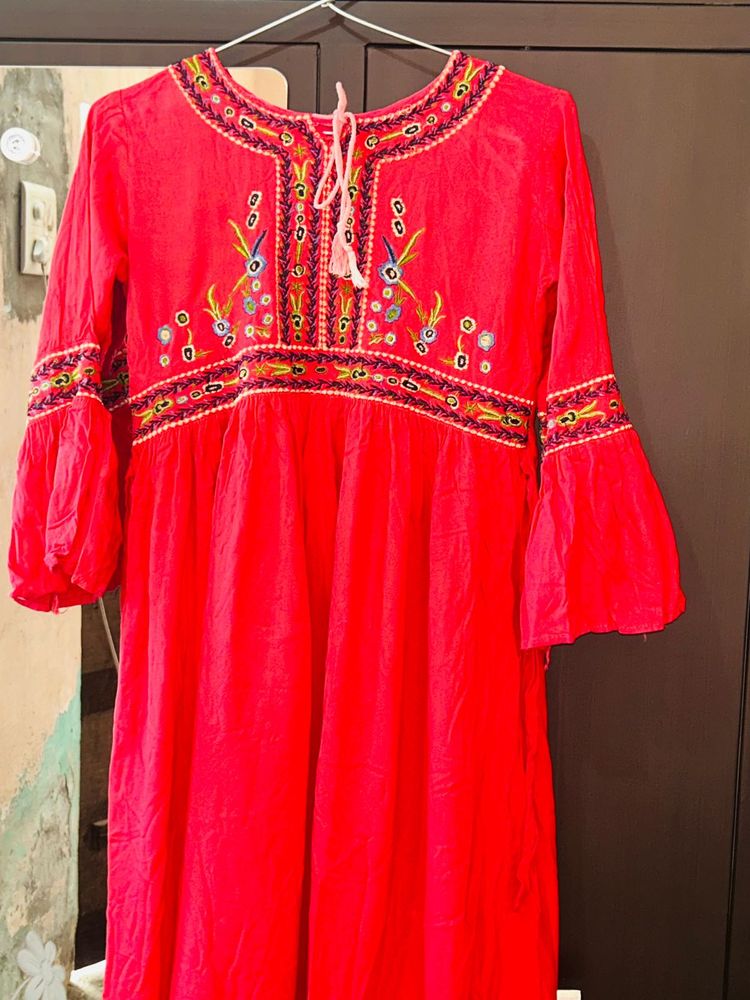 Embroidered Light Red Frock