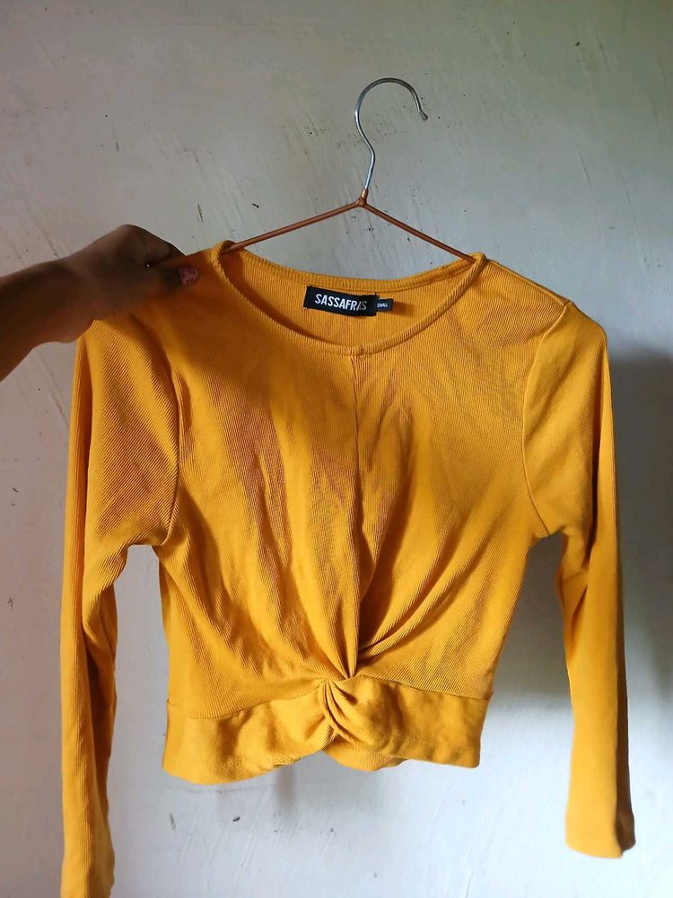 Mustard Yellow Ribbed Long-Sleeve Front-Twist Crop