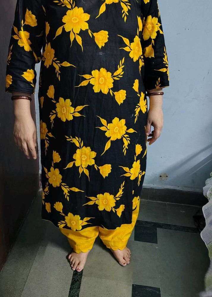 Black &amp; Yellow Floral Kurta Set 3xl cotton pure