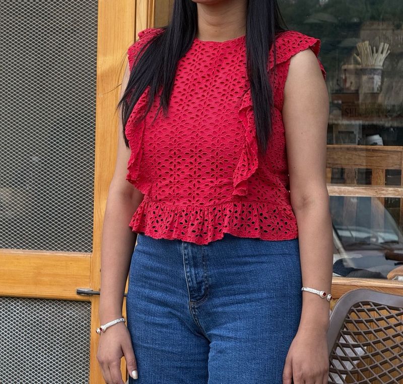 Red Eyelet Ruffle Peplum Top