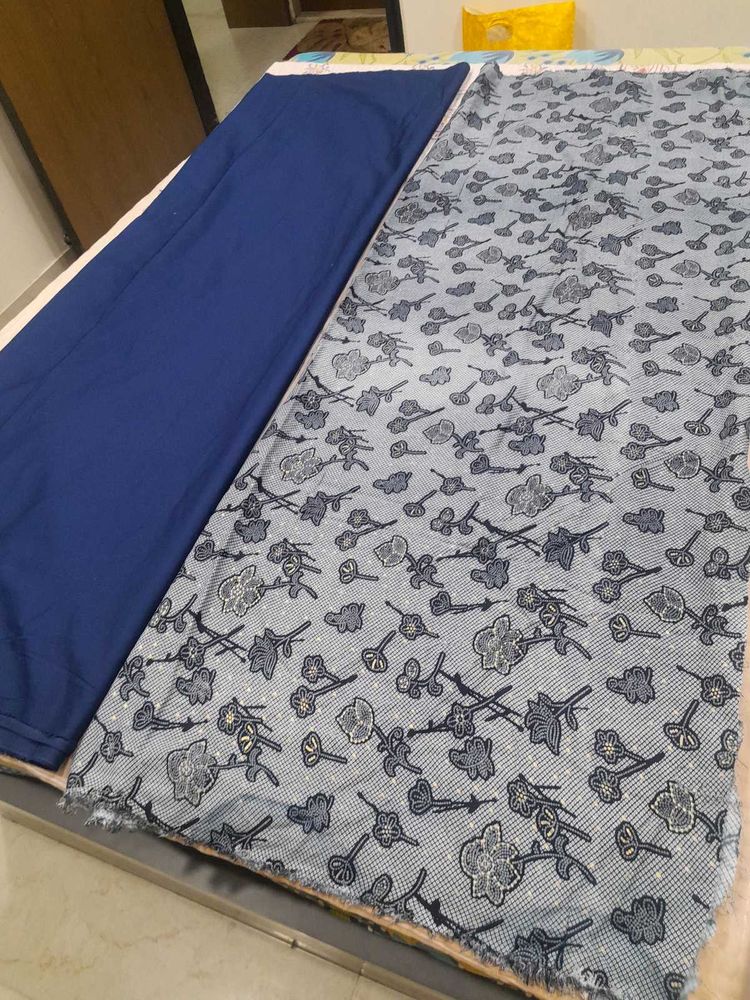 Unstitched Dress Material - Blue &amp; Floral Print
