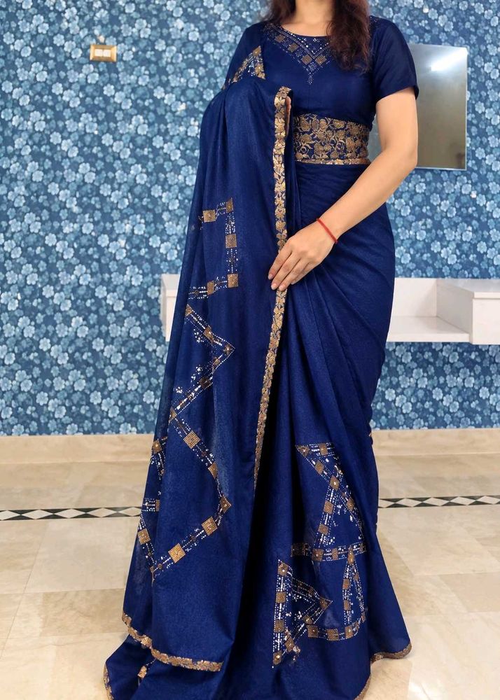 Elegant Royal Blue Saree with Gold Embellishments