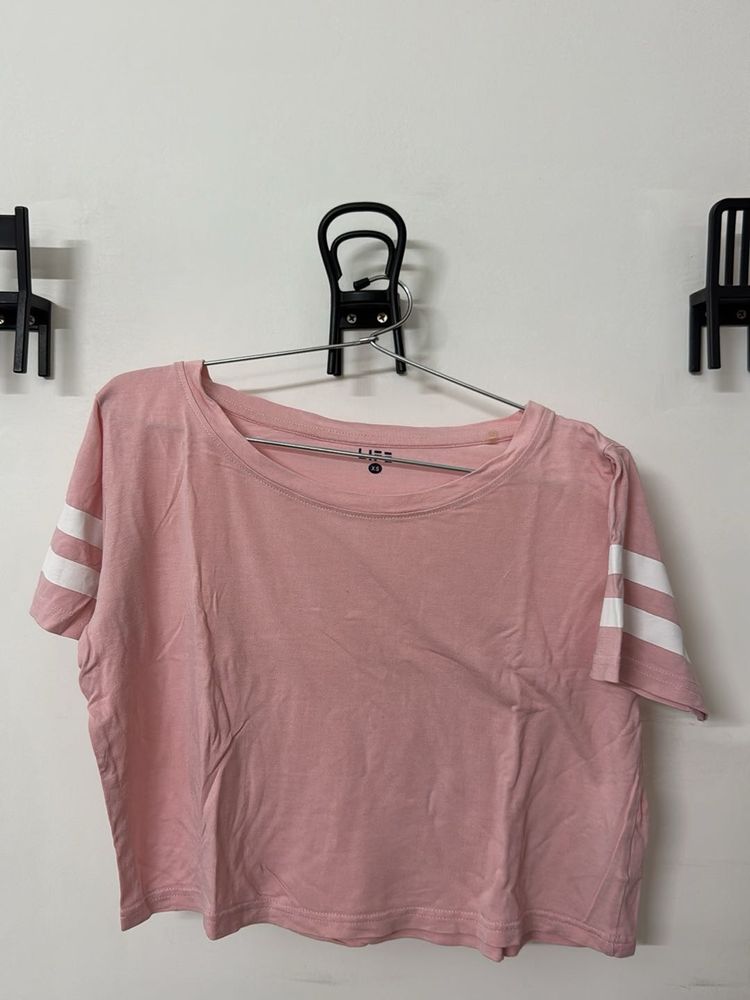 Pink Striped Sleeve Cropped T-Shirt