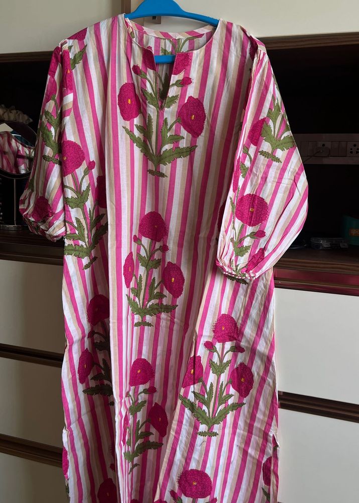 Vibrant Pink Striped Kurta with Floral Print