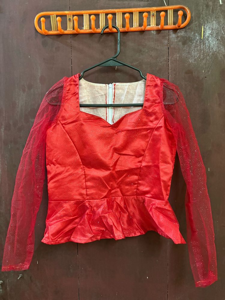 Red Peplum Blouse with Glitter Sleeves