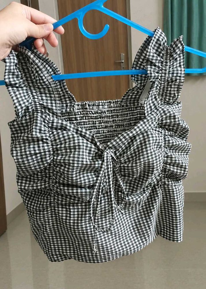 Checkered Ruffle Top with Front Tie