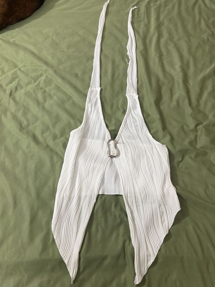 White Halter Neck Pleated Crop Top