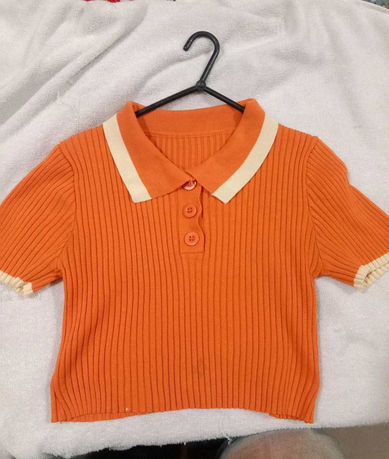 Orange Ribbed Polo Crop Top